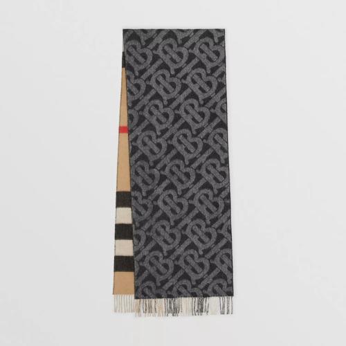  BURBERRY 22年秋冬 女士 双面两用格纹拼专属标识羊绒围巾 80437321