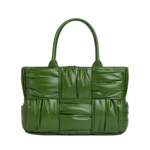 Bottega Veneta/葆蝶家 22新款 女士小号牛油果绿色小牛皮褶裥Intreccio图案黄铜饰面配拆卸肩带黄铜饰面单肩手提托特包729043V2FY13150