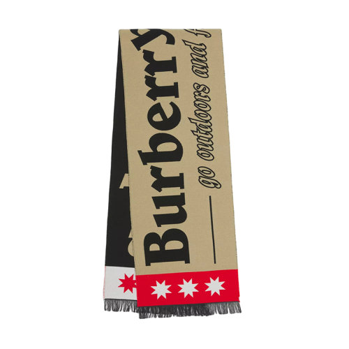 BURBERRY/博柏利新款 男女同款米色红色拼色羊毛混纺双面大logo流苏围巾80496591
