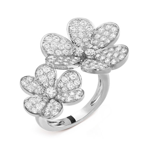 Van Cleef & Arpels/梵克雅宝 经典Frivole系列 18k金白金镶钻石满钻2个三瓣花朵开口戒指指环VCARB67500