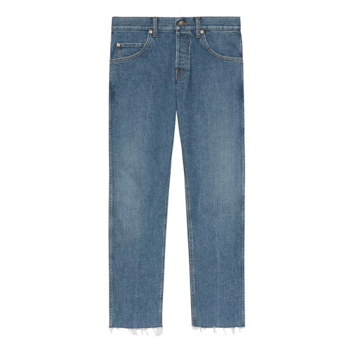 GUCCI/古驰 22年春夏新款 男士蓝色棉质混纺弹力丹宁面料毛边裤脚牛仔裤681284XDBP74011