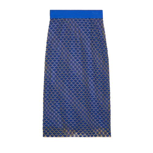 GUCCI/古驰 22年秋冬新款 adidas联名系列 女士蓝色锦纶混纺薄纱老花刺绣半身裙693449XJECA4697