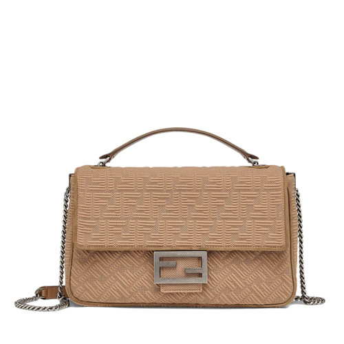 FENDI/芬迪 BAGUETTE系列 女士大号米色FF图案布料复古镀钯扣链条斜挎单肩法棍包8BR795AHW5F1F2J