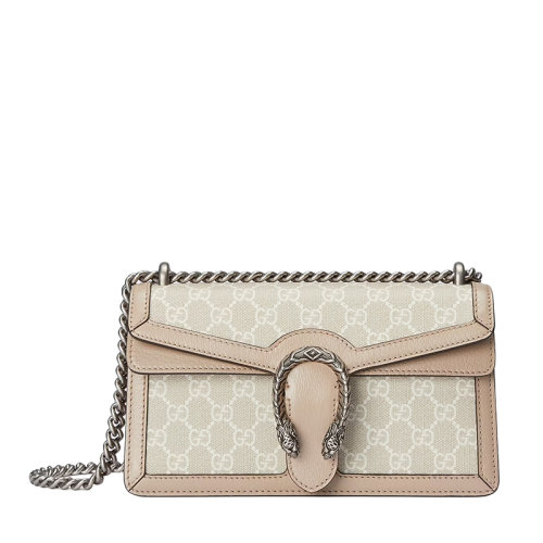 GUCCI/古驰 22春夏新款Dionysus系列 女士小号米白色老花帆布燕麦色皮革滚边银色蛇头扣链条单肩包酒神包499623UULBN9683