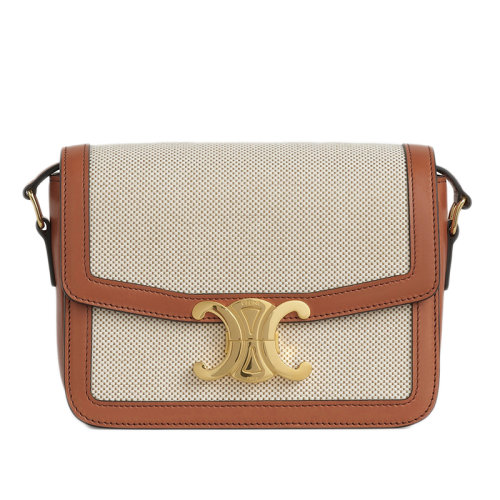 CELINE/赛琳 经典TRIOMPHE TEEN系列 女士棕褐色白色织物天然小牛皮斜跨单肩包188882BGI.04LV