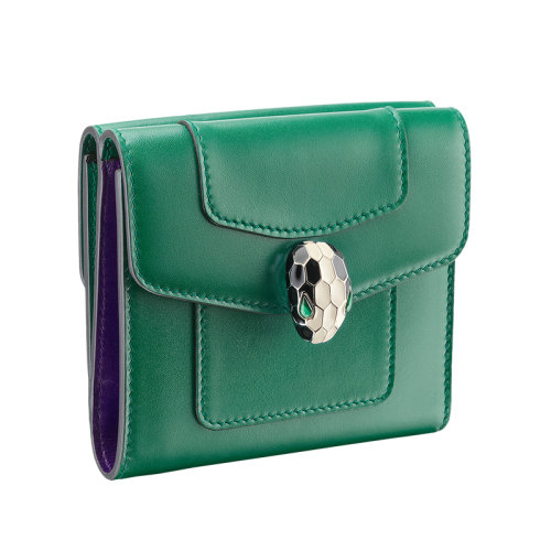 BVLGARI/宝格丽 20 SERPENTI FOREVER系列 翠绿色小牛皮和紫水晶紫色小牛皮拼接珐琅玛瑙蛇首拉链吊饰按扣折叠 钱包 281382