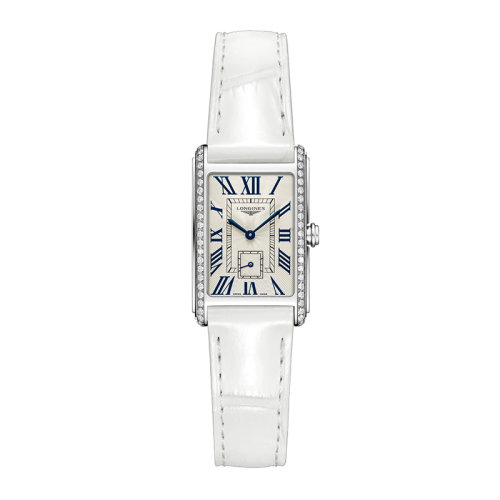 LONGINES/浪琴 黛绰维纳系列 女士银色“flinqué”石英精钢镶钻表壳和鳄鱼皮表带防刮蓝宝石水晶玻璃腕表20.8X32毫米L5.255.0.71.2