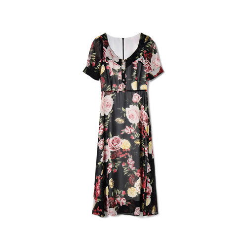 GeleiStory/GeleiStory  春夏新款清新甜美圆领印花高腰A字雪纺飘逸气质长连衣裙  女装＞女士裙装＞女士连衣裙