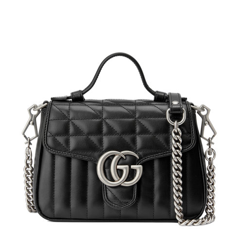 GUCCI/古驰  GG Marmont系列 女士迷你黑色绗缝皮革复古银色饰面双G单肩斜挎手提包583571UM8AN1000