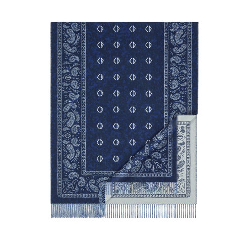 DIOR/迪奥 22年春夏新款 男士蓝色羊绒和羊毛混纺饰巾图案流苏围巾28E0003A0648_C580