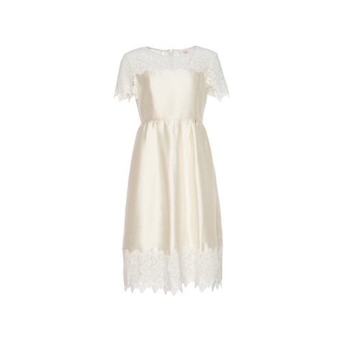 HUI/卉 女士连衣裙20秋季新品茶白色连衣裙蕾丝拼接设计