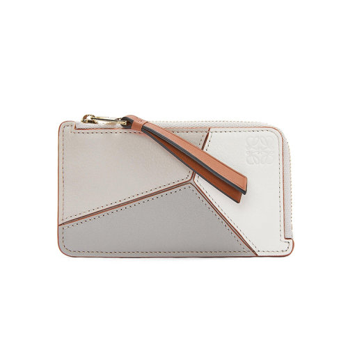 LOEWE/罗意威 22年新款Puzzle系列 女士幽灵白/暖白色/灰色三色拼接牛皮革拉链开合双折硬币包卡片包C510R50X05-1759