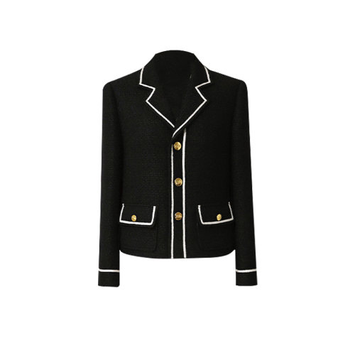 GeleiStory/GeleiStory  秋冬新款法式名媛复古翻领黑色羊毛花呢小香风短外套  女士夹克