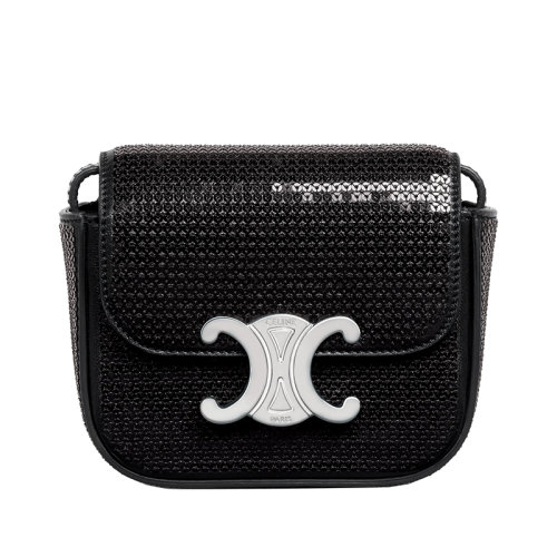 CELINE/赛琳 22新款TRIOMPHE系列 女士迷你黑色亮片/小牛皮凯旋银扣单肩斜跨包10I513EMZ.38SI