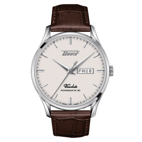 TISSOT/天梭 唯思达系列 男士乳白色表盘自动机械机芯精钢表壳棕色皮质表带腕表42毫米T118.430.16.271.00