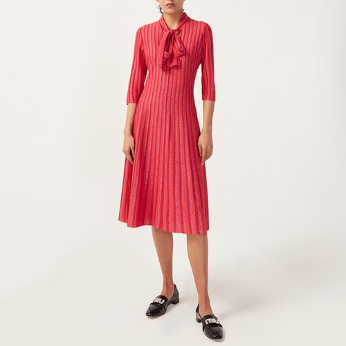 【21春夏新款】St.John/盛蔷女士红色条纹蝴蝶结中长款女士连衣裙K113040