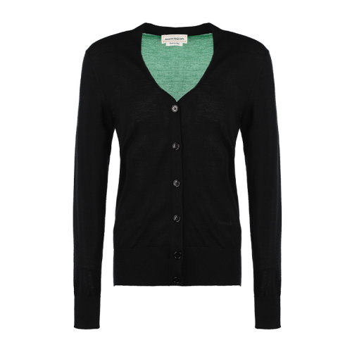 Alexander McQueen/亚历山大麦昆21新品刺绣徽标拼色修身开胸女士针织衫/毛衣667839Q1AVV