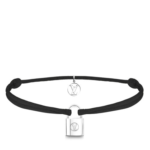 Louis Vuitton/路易威登 Silver Lockit系列 经典款黑色有机棉可回收银LV雕刻挂锁手链Q05173