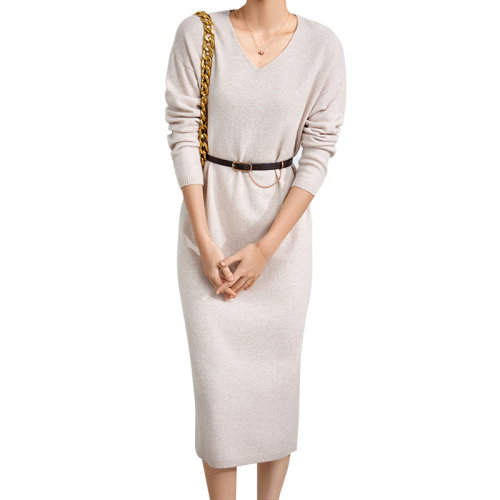 GeleiStory/GeleiStory  针织连衣裙女装秋冬中长款毛衣裙子宽松长袖v领打底裙内搭  女士针织衫/毛衣