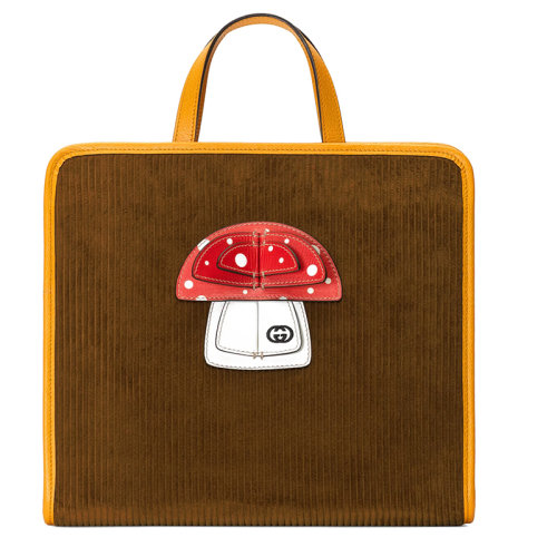 GUCCI/古驰 22新款 女士蘑菇3D图案装饰深橄榄绿色灯芯绒儿童手提包?7050422S8HN2886