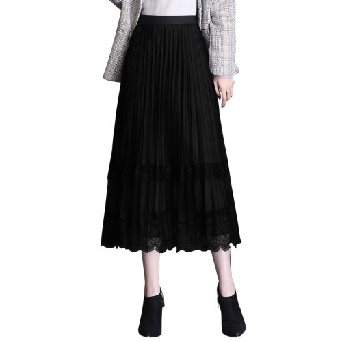 GeleiStory/GeleiStory  春夏新款高腰垂感松紧腰两面穿蕾丝A字百褶裙子  女装＞女士裙装＞女士半身裙