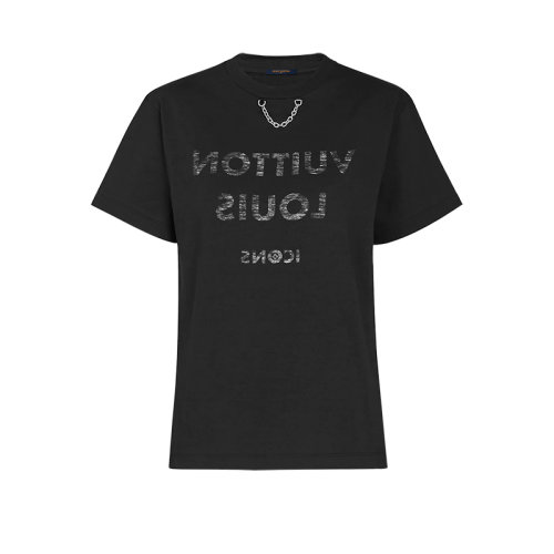 Louis Vuitton/路易威登 22年秋冬新款 女士黑色纯棉斑驳效果印花配金属链条短袖T恤1A84CJ