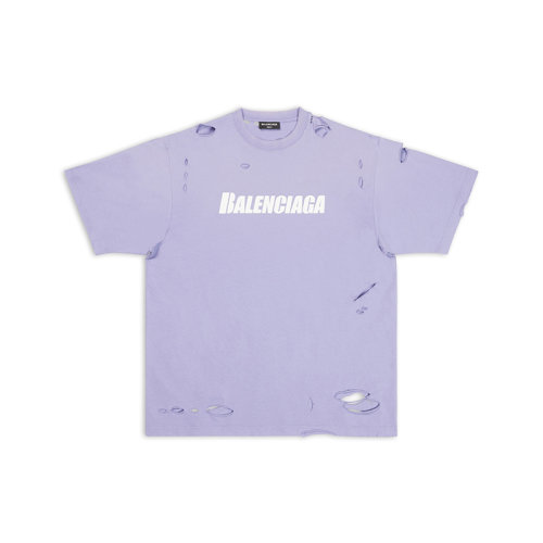 Balenciaga/巴黎世家 22年早春新款 DESTROYED系列 男女同款紫色纯棉撕裂破洞做旧设计宽松版型短袖T恤651795TKVB83078