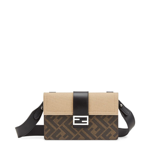 FENDI/芬迪  POCHETTE BAGUETTE系列 男士棕色帆布FF磁性纽扣自然色帆布翻盖FF图案单肩手提斜挎包7M0295AFSCF1EGA
