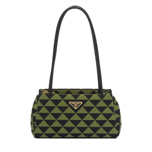 PRADA/普拉达 22新款 女士黑色/常春藤绿三角双色拼接效果织物配皮徽标金扣饰刺绣提花手提包1BA368_2FKL_F0G5R_V_OOO