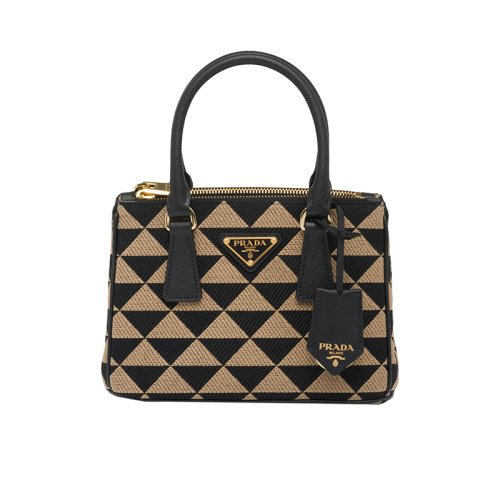 PRADA/普拉达 22新款 Galleria系列 女士黑色/米色拼色刺绣面料配皮手柄拆卸钥匙圈拉链开合金色徽标单肩手提斜挎包1BA906_2FKL_F0Y30_V_XOM