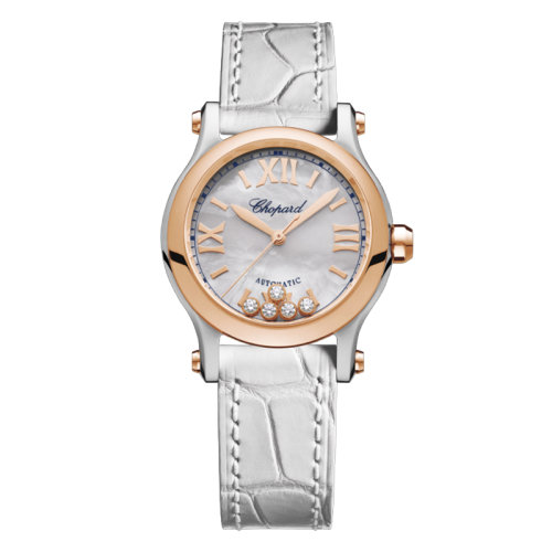  Chopard/萧邦  Happy Sport系列 自动机械表精钢玫瑰金表壳白鳄鱼皮表带女表30毫米278573-6018