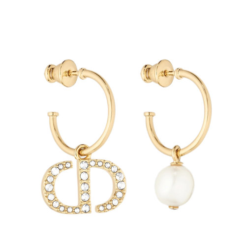 DIOR/迪奥 PETIT CD系列 白色树脂珍珠镶嵌白色水晶CD镀金金属不对称耳环E1548PTCCY_D301