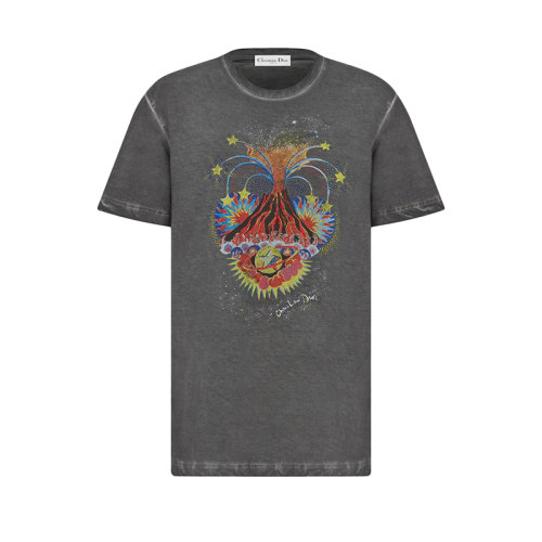 DIOR/迪奥 22年秋冬新款 女士灰色棉质和亚麻混纺多色火山图案短袖T恤243T03VN458_X9529