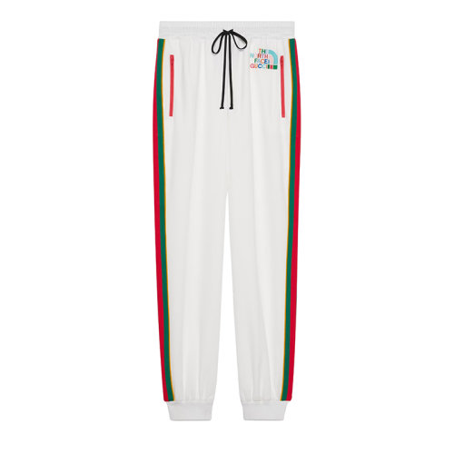 GUCCI/古驰 22秋冬款 The North Face联名系列 女士米白色涤纶/棉混纺饰有刺绣LOGO图案绿红条纹平纹针织长裤?673972XJDUE9799
