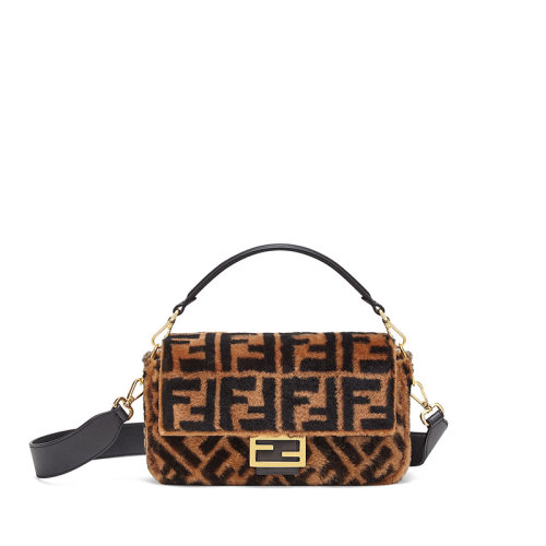 FENDI/芬迪  Baguette系列  棕色羊皮FF图案印花单肩包可拆卸肩带单肩斜挎手提包8BR600A8HPF180S