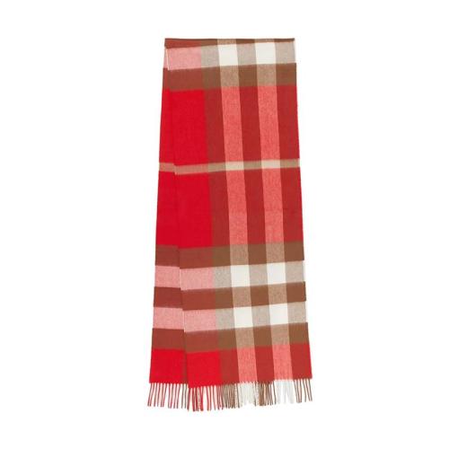 BURBERRY/博柏利 22年早春新款 男女同款亮红色纯羊绒格纹流苏围巾80223481