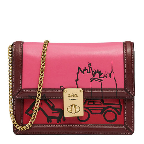 COACH/蔻驰  HUTTON系列女士玫红色PVC配皮天际线马车涂鸦印花旋扣开合翻盖可拆卸肩带小号手拿包腰包胸包斜挎包女包 5457B4RKK