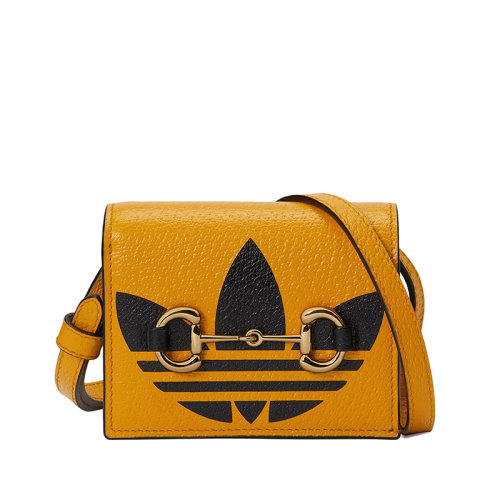 GUCCI/古驰 22新款阿迪达斯联名系列 女士黄色黑色皮革三叶草印花金属马衔扣细节斜挎手拿卡包卡片夹702248DJ24G7673