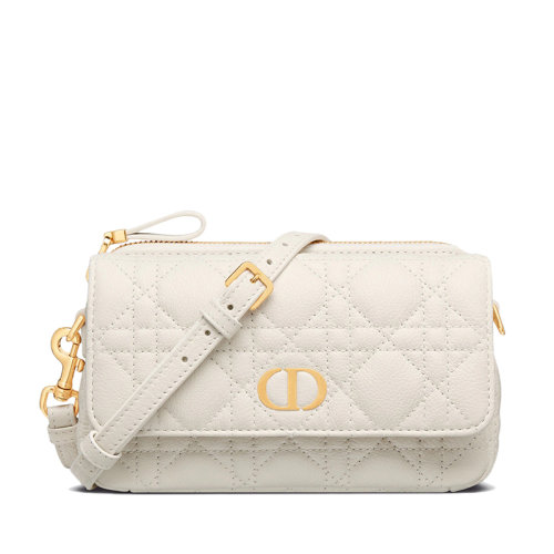 DIOR/迪奥 22新款CARO系列 女士奶白色柔软藤格纹牛皮革CD金扣多隔层翻盖开合链条手拿包单肩斜挎包S5125UWHC_M030