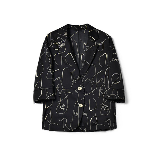 GeleiStory/GeleiStory 春夏新款缎面大印花翻领单排扣七分袖无里布小西服上衣 女装>女士西装>女士西服