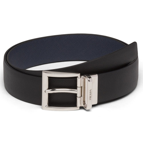 PRADA/普拉达  男士黑色/海军蓝摩洛哥皮革和抛光钢扣双面腰带33毫米2CC004_053_F0RD7