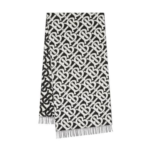 BURBERRY/博柏利 22年早春新款 男女同款黑白拼色纯羊绒老花印花流苏围巾80339881