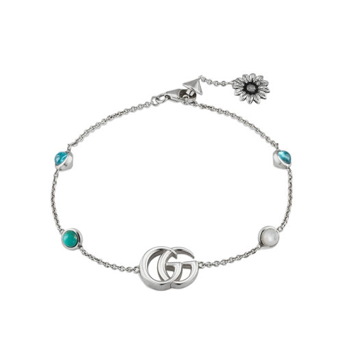 GUCCI/古驰 经典925银双G镶嵌白色珍珠母贝绿松石蓝色托帕石复古花朵手链527393J84748517