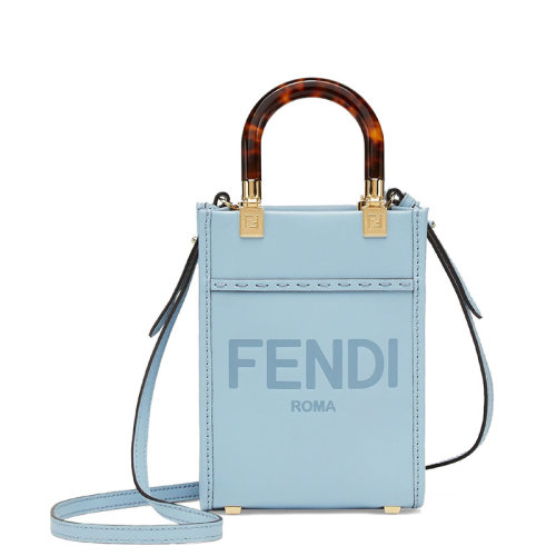 FENDI/芬迪 22春夏新款Sunshine系列 女士迷你浅蓝色皮革徽标烫印有机玻璃提手配可调节肩带单肩斜挎手提托特包8BS051ABVLF1993