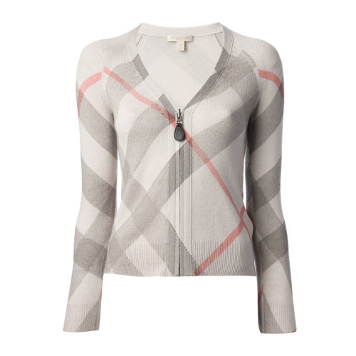 Burberry/博柏利 女士米灰色羊毛经典格纹V领长袖针织衫毛衣