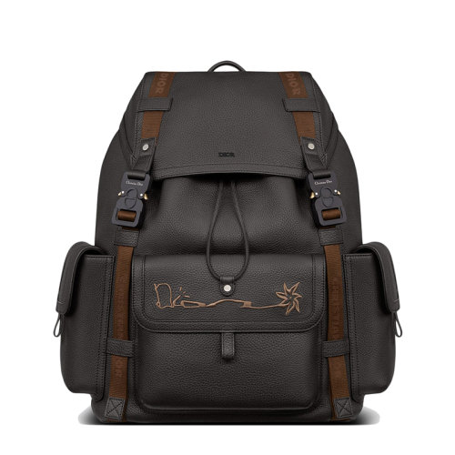 DIOR/迪奥 22新款HIT THE ROAD系列 CACTUS JACK联名款男士黑色粒面牛皮革刺绣标志抽绳翻盖开合双肩背包1ESBA163SOT_H03E