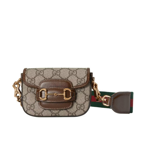 GUCCI/古驰 22新款Horsebit 1955系列 女士超迷你米色/乌木色老花帆布配皮马衔扣金扣单肩斜跨包699760HUHHG8565