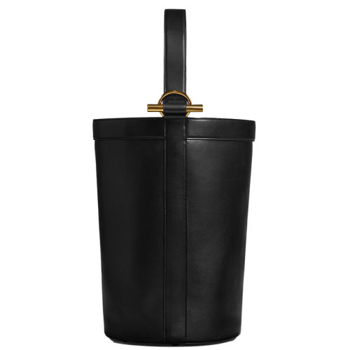 Bottega Veneta/葆蝶家 22新款 女士大号黑色小牛皮带金属环滑动肩带抽绳内袋黄铜饰面单肩包716058V2EB01019