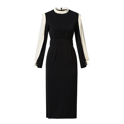 GeleiStory/GeleiStory  新款礼服裙中长款长袖圆领撞色拼接开叉修身显瘦包臀裙   女装＞女士裙装＞女士连衣裙