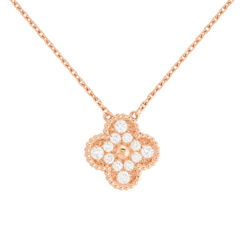 Van Cleef & Arpels/梵克雅宝 经典款Vintage Alhambra系列 18K金玫瑰金镶嵌满钻四叶草项链VCARP2R300